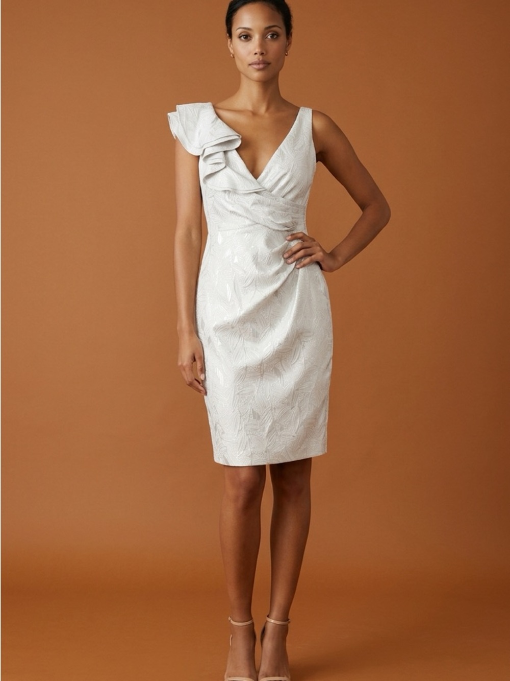Maggy London white  One-Shoulder Sheath Dress with Ruffle Detail